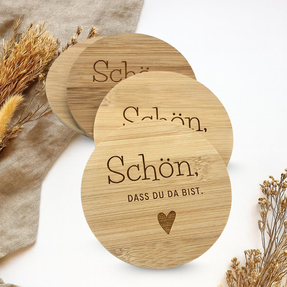 Bambusuntersetzer 4 Stk., Untersetzer aus Bambus lasergraviert, versch. Sprüche