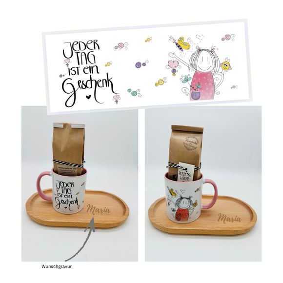 Bunte Tasse mit Pinselstift Motiven mit Minitablett