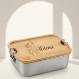 Premium Jausenbox lasergraviert, Metall Lunchbox individualisiert, personalisiert, Brotdose mit Bambusdeckel