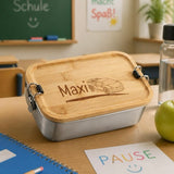 Premium Jausenbox lasergraviert, Metall Lunchbox individualisiert, personalisiert, Brotdose mit Bambusdeckel