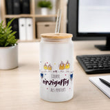 Bedrucktes Trinkglas, Glas mit Bambusdeckel und Glas-Strohhalm