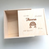Erinnerungsbox quadratisch mit Schiebedeckel lasergraviert, Holzbox, Schatzkiste für Kinder,