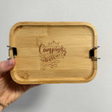 Premium Jausenbox lasergraviert, Metall Lunchbox individualisiert, personalisiert, Brotdose mit Bambusdeckel