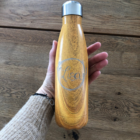 Trinkflasche, Thermosflasche aus Edelstahl Holzoptik mit Wunschnamen