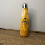 Trinkflasche, Thermosflasche aus Edelstahl Holzoptik mit Wunschbuchstabe