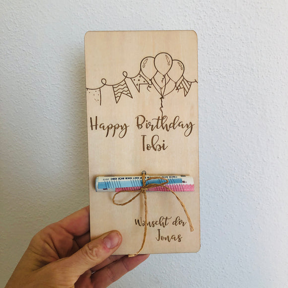Geldgeschenk, Verpackung, Holzkarte mit Wunschnamen, Personalisiert, Geld originell verpacken, Geldverpackung, Geschenkverpackung Geld